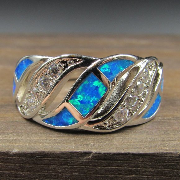 Jewelry - Size 7 Sterling Silver Bright Blue Opal & CZ Ring
